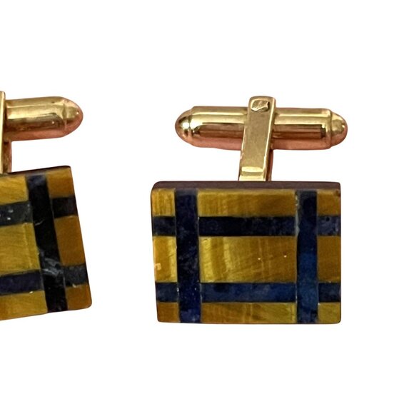 Hayward Gold-Plated Rectangular Cufflinks With Tigers Eye & Lapis Lazuli Inlay - Picture 2 of 4
